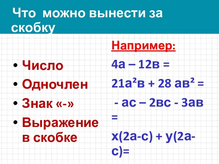 Что можно вынести за скобку Число Одночлен Знак «-» Выражение