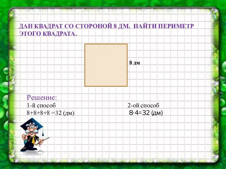 ДАН КВАДРАТ СО СТОРОНОЙ 8 ДМ. НАЙТИ ПЕРИМЕТР ЭТОГО КВАДРАТА.