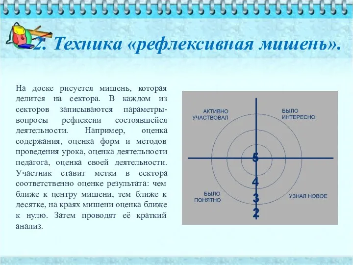 2. Техника «рефлексивная мишень». На доске рисуется мишень, которая делится