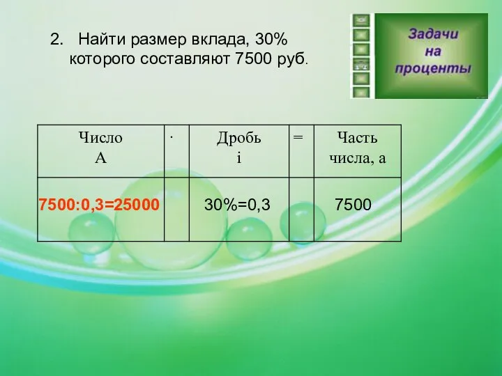 2. Найти размер вклада, 30% которого составляют 7500 руб. 7500:0,3= 30%=0,3 7500 25000