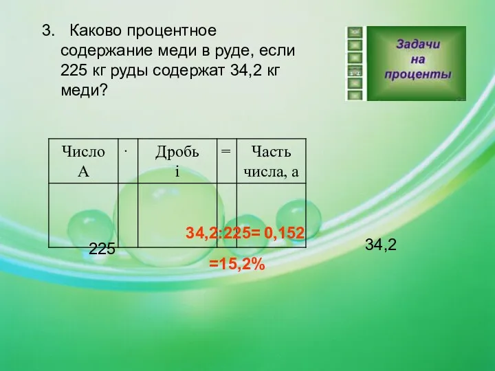 3. Каково процентное содержание меди в руде, если 225 кг руды содержат 34,2