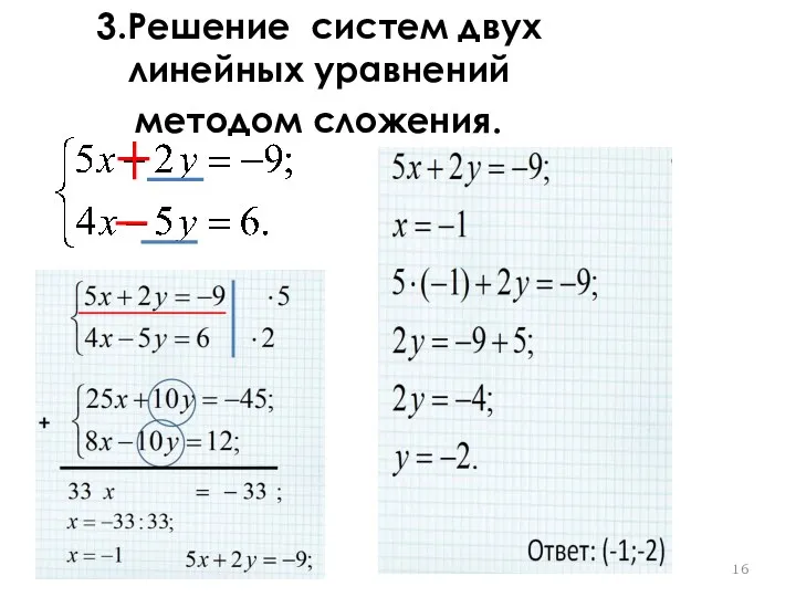 3.Решение систем двух линейных уравнений методом сложения.