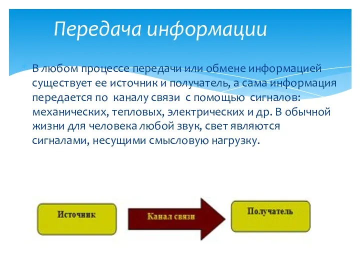 Передача информации В любом процессе передачи или обмене информацией существует