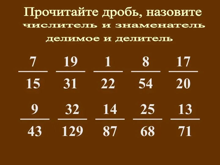 Прочитайте дробь, назовите числитель и знаменатель делимое и делитель