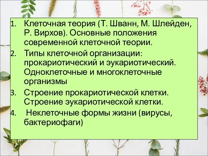 Клеточная теория (Т. Шванн, М. Шлейден, Р. Вирхов). Основные положения