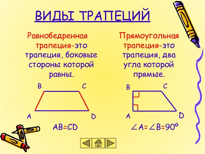 ВИДЫ ТРАПЕЦИЙ Равнобедренная трапеция-это трапеция, боковые стороны которой равны. Прямоугольная