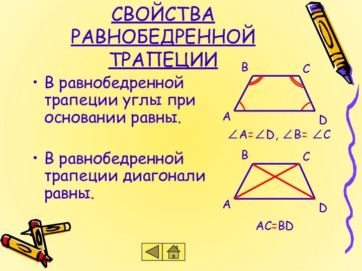 СВОЙСТВА РАВНОБЕДРЕННОЙ ТРАПЕЦИИ В равнобедренной трапеции углы при основании равны.
