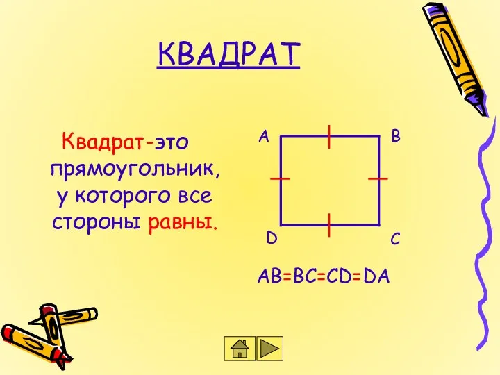 КВАДРАТ Квадрат-это прямоугольник,у которого все стороны равны. A D C B AB=BC=CD=DA