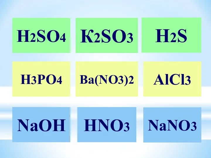 H2S H2SO4 К2SO3 H3PO4 Ba(NO3)2 АlCl3 NaOH NaNO3 HNO3