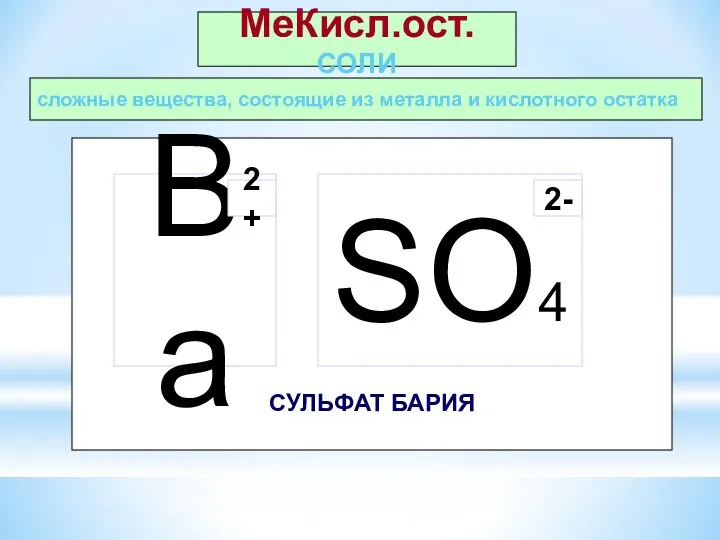 сложные вещества, состоящие из металла и кислотного остатка МеКисл.ост.СОЛИ СУЛЬФАТ БАРИЯ SO4 Ва 2+ 2-