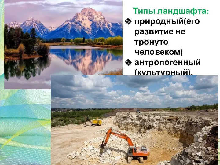 Типы ландшафта: природный(его развитие не тронуто человеком) антропогенный(культурный).