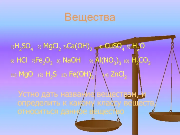 Вещества 1)H2SO4 2) MgCl2 3)Ca(OH)2 4) CuSO4 5) H2O 6)