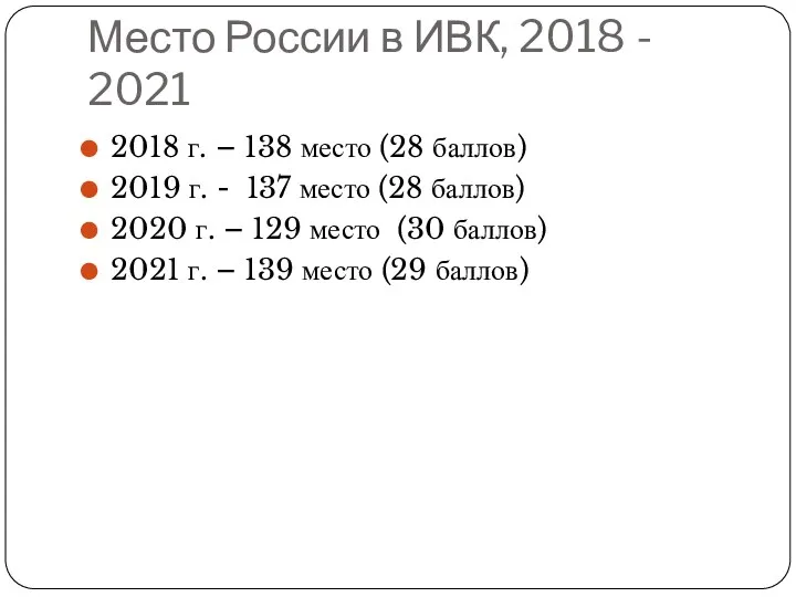 Место России в ИВК, 2018 - 2021 2018 г. –