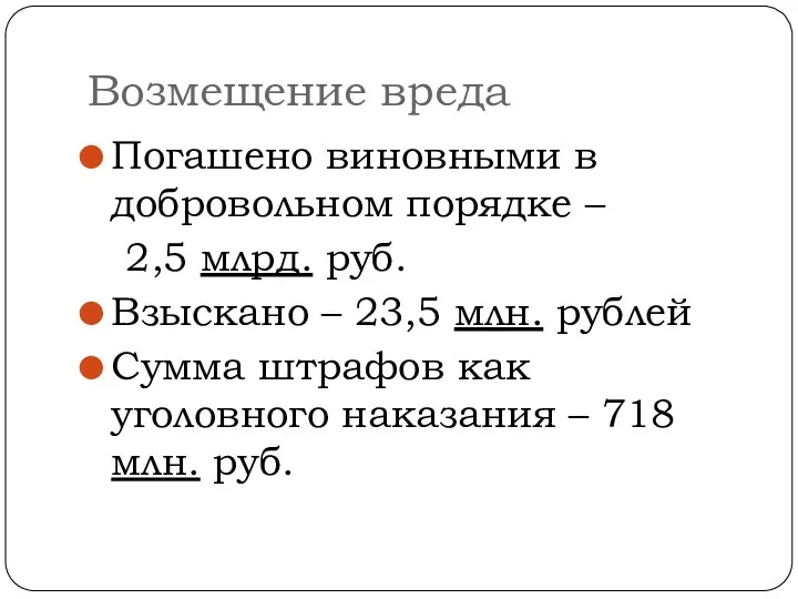 Возмещение вреда Погашено виновными в добровольном порядке – 2,5 млрд.