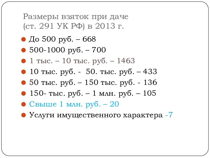 Размеры взяток при даче (ст. 291 УК РФ) в 2013