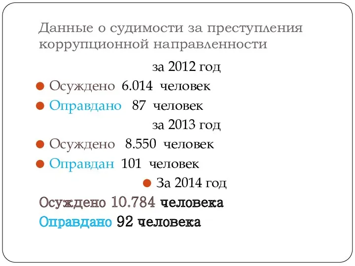 Данные о судимости за преступления коррупционной направленности за 2012 год