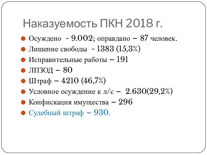 Наказуемость ПКН 2018 г. Осуждено - 9.002; оправдано – 87