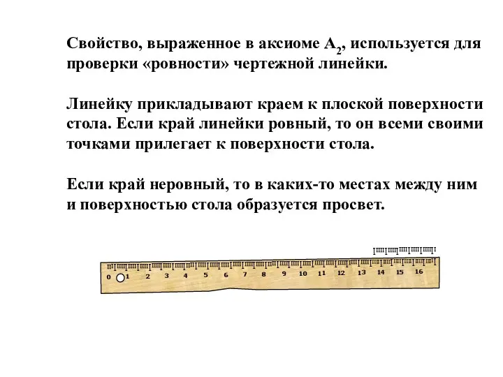 Свойство, выраженное в аксиоме А2, используется для проверки «ровности» чертежной