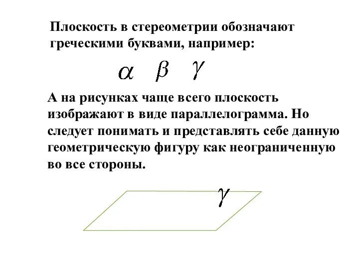 Плоскость в стереометрии обозначают греческими буквами, например: А на рисунках