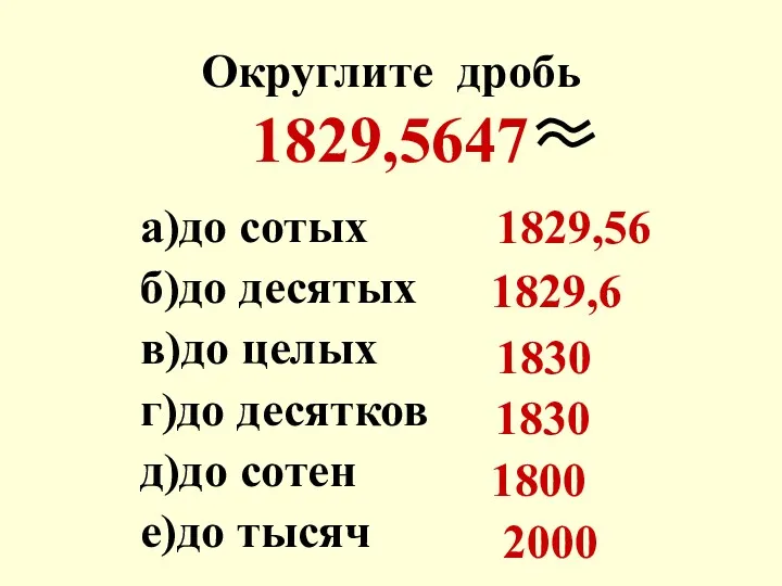 Округлите дробь 1829,5647 а)до сотых б)до десятых в)до целых г)до
