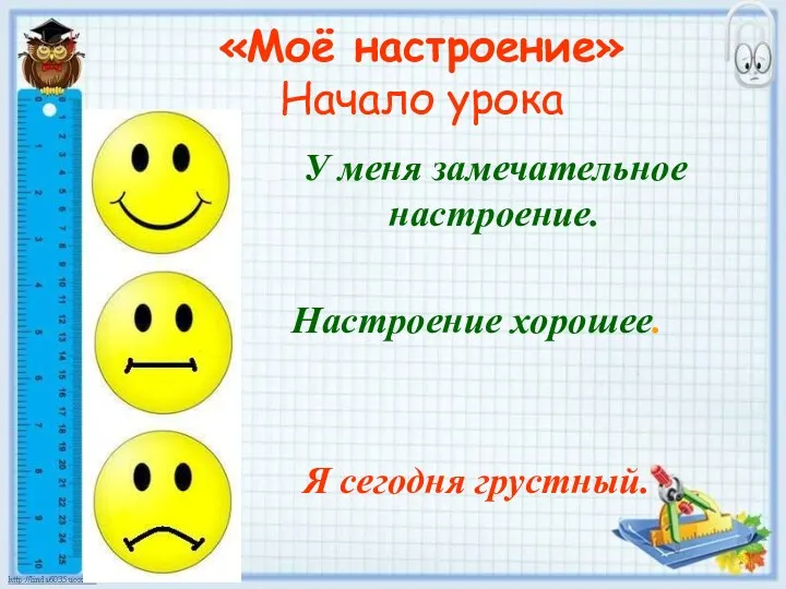 «Моё настроение» Начало урока У меня замечательное настроение. Настроение хорошее. Я сегодня грустный.