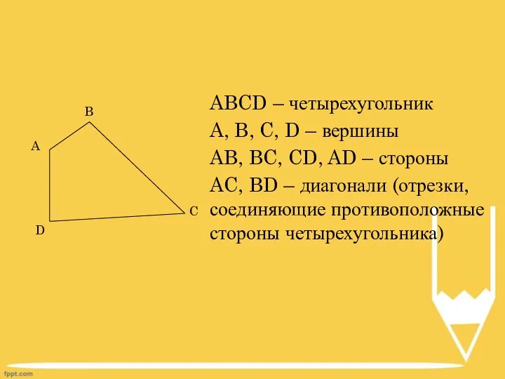 ABCD – четырехугольник A, B, C, D – вершины AB, BC, CD, AD