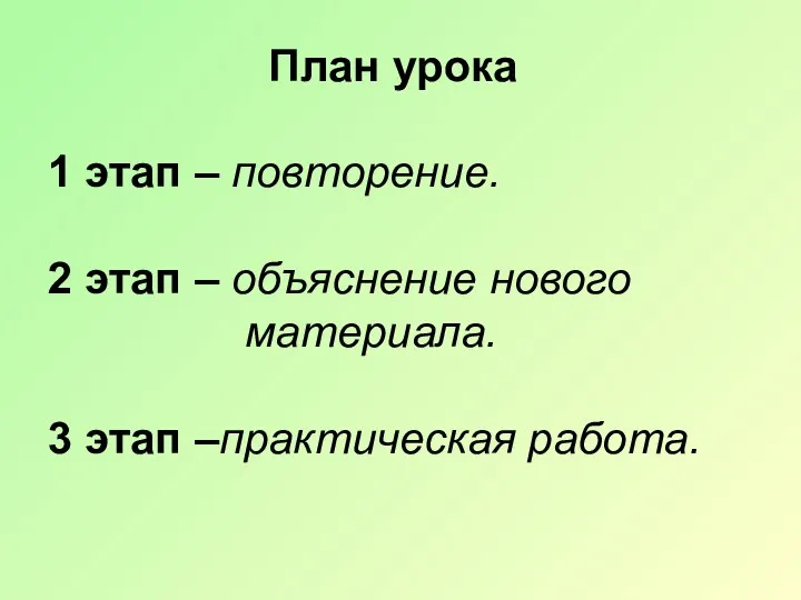 1 этап – повторение. 2 этап – объяснение нового материала. 3 этап –практическая работа. План урока