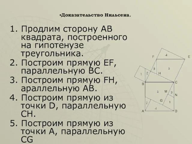 Доказательство Нильсена. 1. Продлим сторону АВ квадрата, построенного на гипотенузе