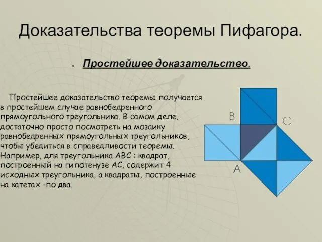 Доказательства теоремы Пифагора. Простейшее доказательство. Простейшее доказательство теоремы получается в