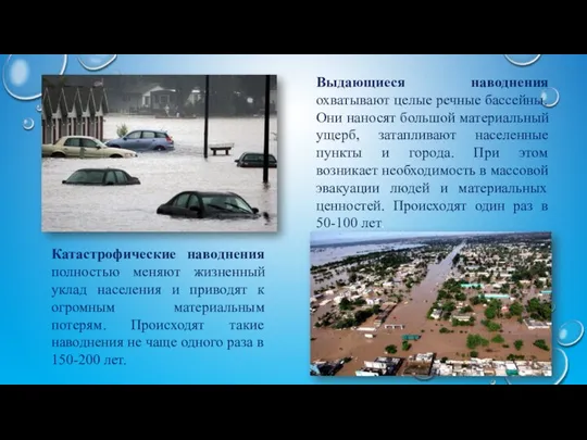 Выдающиеся наводнения охватывают целые речные бассейны. Они наносят большой материальный