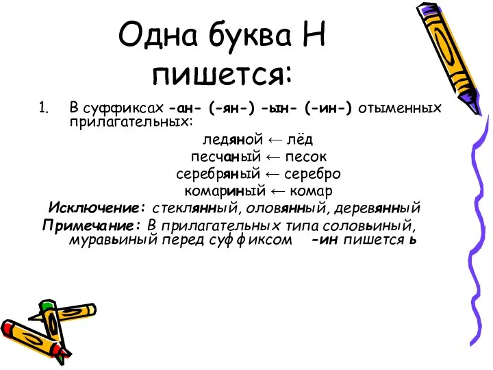 Одна буква Н пишется: В суффиксах -ан- (-ян-) -ын- (-ин-)