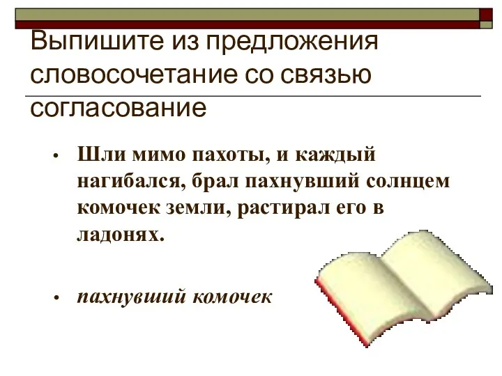 Выпишите из предложения словосочетание со связью согласование Шли мимо пахоты,