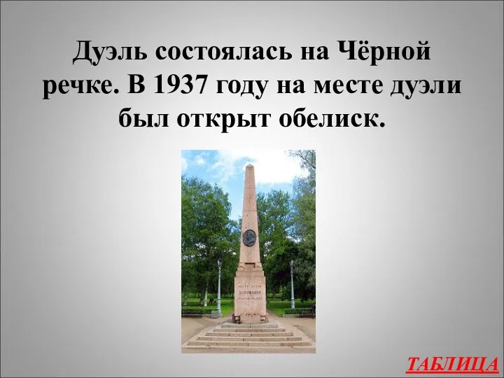 ТАБЛИЦА Дуэль состоялась на Чёрной речке. В 1937 году на месте дуэли был открыт обелиск.