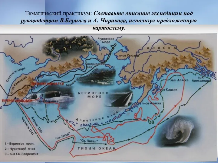 Тематический практикум: Составьте описание экспедиции под руководством В.Беринга и А. Чирикова, используя предложенную картосхему.