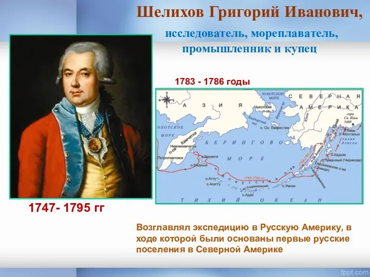 Шелихов Григорий Иванович, исследователь, мореплаватель, промышленник и купец 1747- 1795