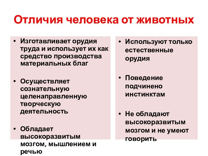 Отличия человека от животных Изготавливает орудия труда и использует их