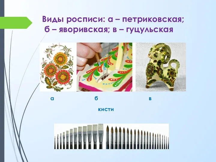 Виды росписи: а – петриковская; б – яворивская; в – гуцульская а б в кисти