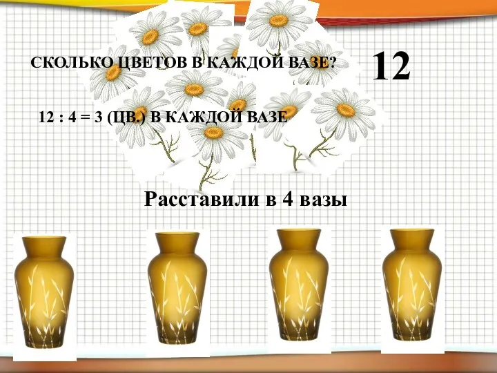 12 Расставили в 4 вазы СКОЛЬКО ЦВЕТОВ В КАЖДОЙ ВАЗЕ?