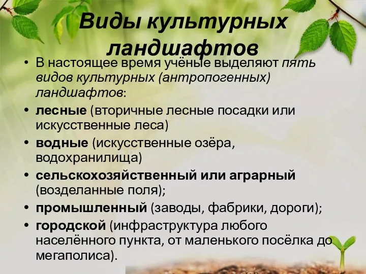 Виды культурных ландшафтов В настоящее время учёные выделяют пять видов культурных (антропогенных) ландшафтов: