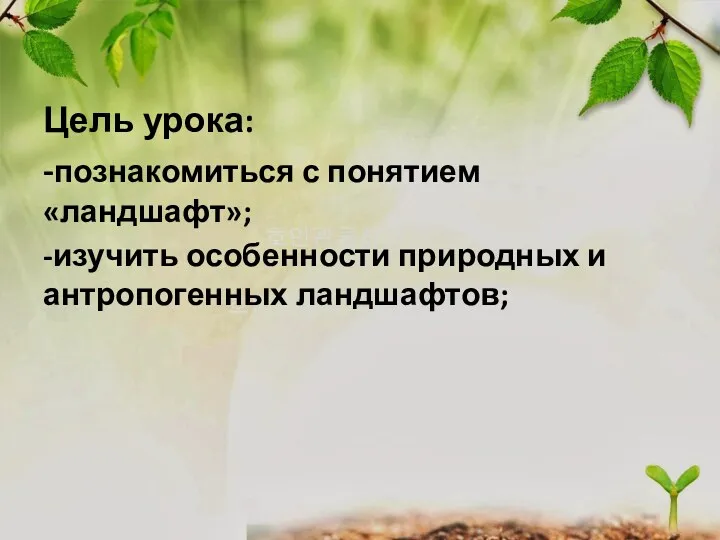 Цель урока: -познакомиться с понятием «ландшафт»; -изучить особенности природных и антропогенных ландшафтов;