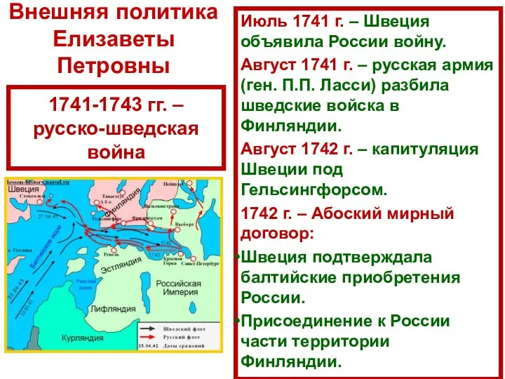 1741-1743 гг. – русско-шведская война Июль 1741 г. – Швеция