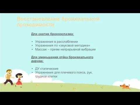 Восстановление бронхиальной проходимости Для снятия бронхоспазма: Упражнения в расслаблении Упражнения