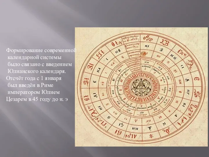 Формирование современной календарной системы было связано с введением Юлианского календаря.