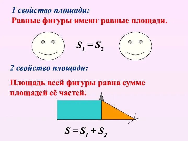 1 свойство площади: Равные фигуры имеют равные площади. 2 свойство