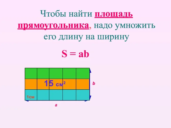 Чтобы найти площадь прямоугольника, надо умножить его длину на ширину