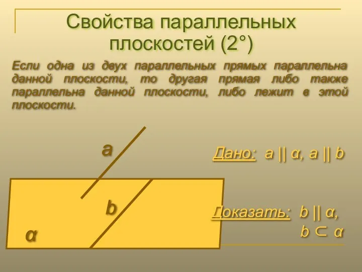 Свойства параллельных плоскостей (2°) Если одна из двух параллельных прямых