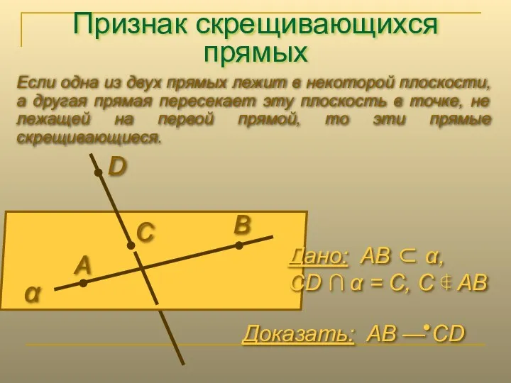 Признак скрещивающихся прямых Если одна из двух прямых лежит в