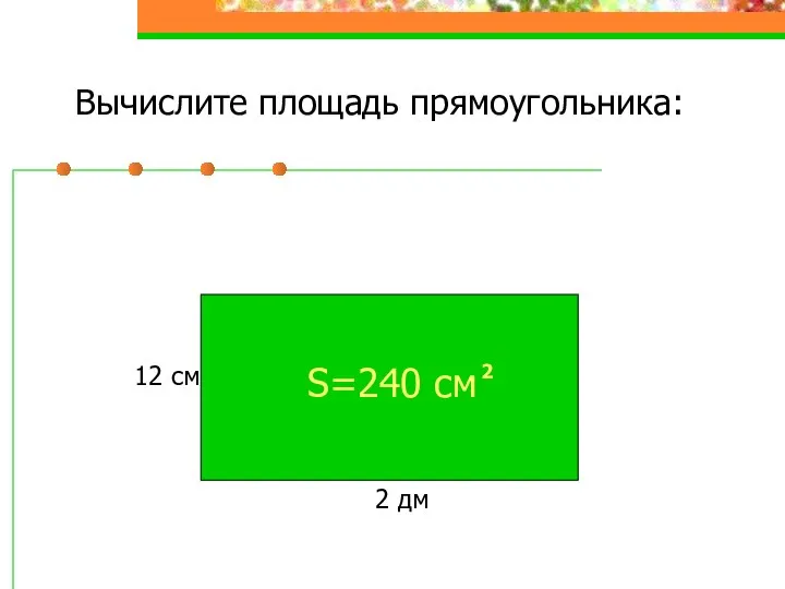 Вычислите площадь прямоугольника: 2 дм 12 см