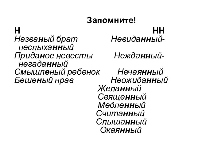 Запомните! Н НН Названый брат Невиданный-неслыханный Приданое невесты Нежданный-негаданный Смышленый