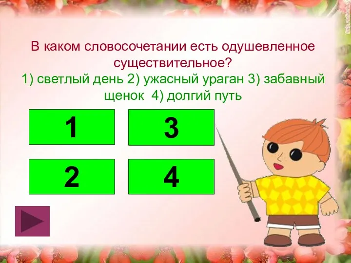 В каком словосочетании есть одушевленное существительное? 1) светлый день 2)